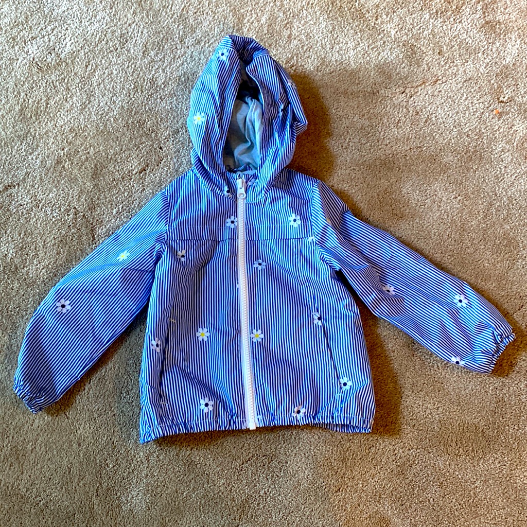 Carter’s 2t Flower Blue And White Striped Rain Coat Jacket Pockets Hood